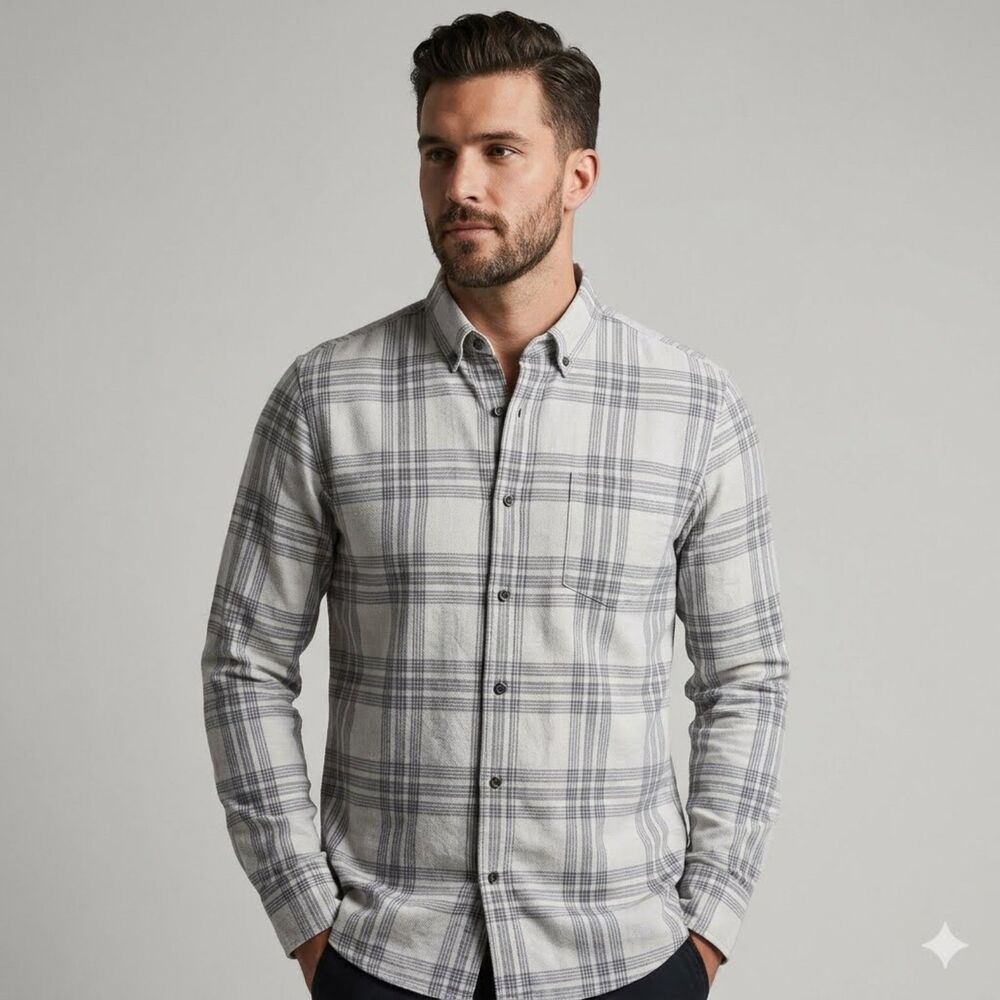 ROWN Mens Large L Gray White Check Plaid Casual Button Down Long Sleeve Shirt